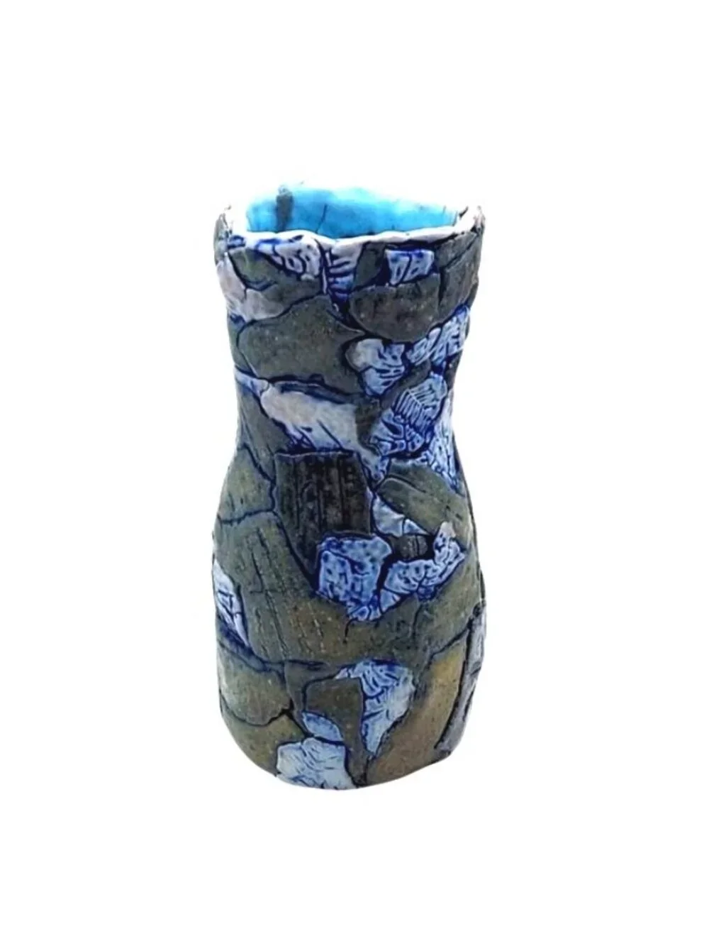 Patchwork Folk Art Pottery Vase Hand Thrown Textured Stoneware Vintage Rustic